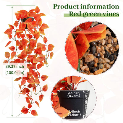 2 Pack Artificial Fall Plants Hanging Orange Vines Potted Fall Foliage Fake Pothos Trailing Plant Autumn Decoration for Indoor Outdoor Thanksgiving Bathroom Wall Kitchen Room Shelf Decor (Black Pot)