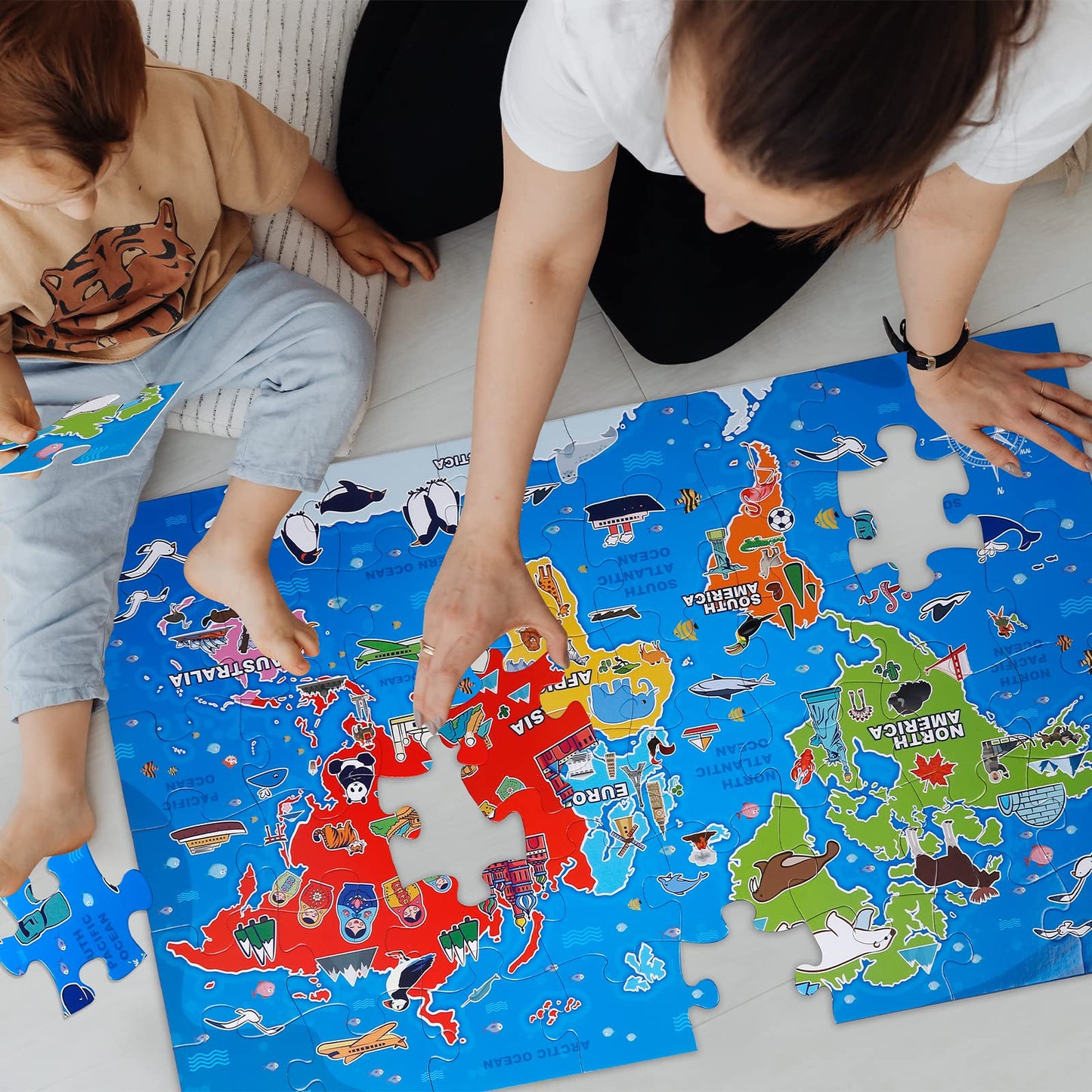 Jumbo Floor Puzzle for Kids,World Map Jigsaw Geography Puzzles,48 Piece Globe Atlas Puzzle with Continents,United States Puzzle for Ages 3-5,Preschool Learning Toys Easter Gift for 4-8 Years Old