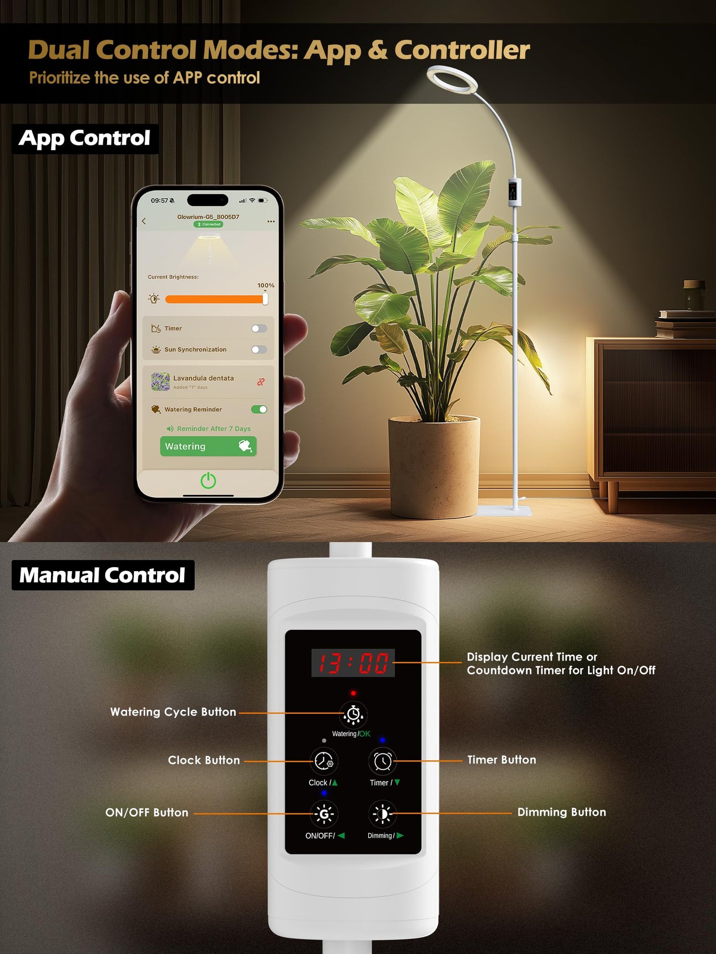 Smart Grow Lights for Indoor Plants, Plant Light with Auto-Timer, Full Spectrum LED Grow Light, Adjustable Height & Stepless Dimming,Plant Assistant Suitable for Most Plants (White, Single Head)