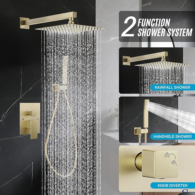 10" Square Rain Shower Faucet Set, Wall Mount, Brush Gold | 304 SS , air tech boosts pressure 50%, dual spray, anti-fingerprint