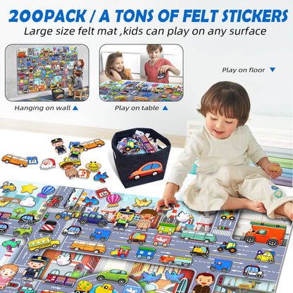 200 PCS Felt Board Story Set for Toddlers with Storage Bag City Traffic Themed Flannel Sensory Board Wall Interactive Storytelling Teaching Play Activity Kits 40x28 inch(Lightgrey)