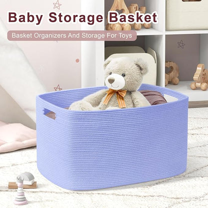 45L Small Baby Girls Laundry Basket for Nursery Storage,Cute Woven cotton Rope Baskets for Kids Toy，Gifts, Boho Square Wicker Blanket hamper for Living Room,Bedroom Dirty Clothes,Blue Purple