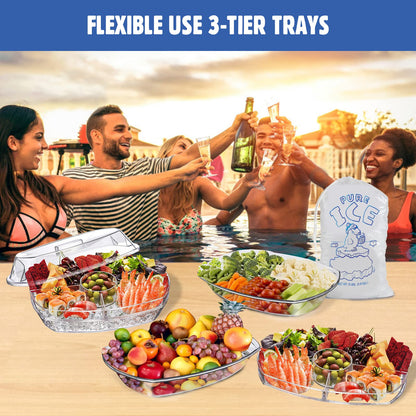 LIMOEASY Chilled Serving Tray, 15" Clear Plastic Party Platter with 4 Compartments, Ice Serving Bowl with Lid, Shrimp Cocktail Serving Dish, Cold Food Buffet Server for Fruit, Veggie, Appetizer, Sushi