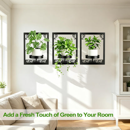 WGFKVAS Wall Plant Holder Set of 3, Picture Frame Plant Holder, Rustproof Holder Metal Modern Style Home Gardening Wall Decor for Living Room Bedroom, Entryway, Black