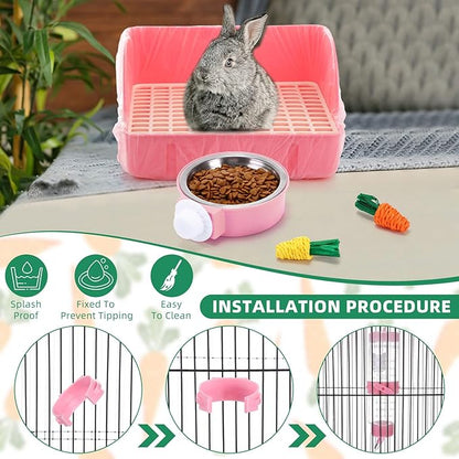 34 Pcs Rabbit Starter Kit Rabbit Litter Box Small Animal Water Bottle Stacking Cups Bunny Tunnels Animal Grooming Kit Bowl Blanket with Cleaning Set for Guinea Pig Bunny Accessories (Pink)