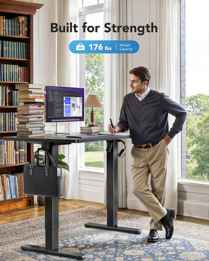 HUANUO 48 x 24 inch Electric Standing Desk, Height Adjustable Table with Headphone Hooks & Cable Manager, Sit to Stand up Desk for Home Office, Black