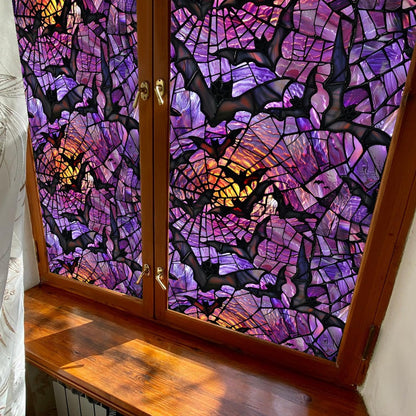 Halloween Window Stickers Privacy Film Static Window Sticker Decal Halloween Bat Window Decals Film Purple Stained Glass Clings Windows Art for Home School Office Glass Decoration