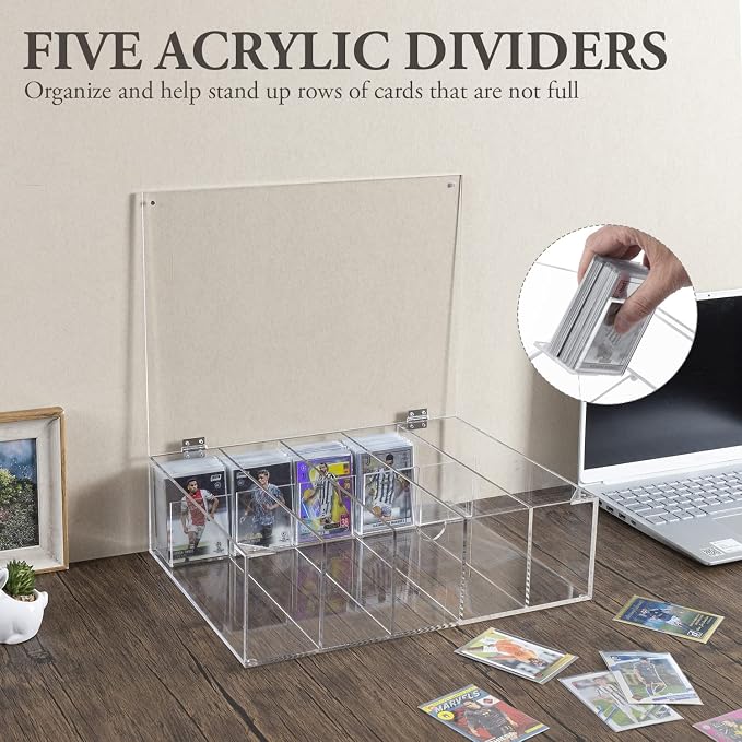 MyGift 5 Compartment Trading Cards Storage Box - Premium Clear Acrylic Collectors Sports Card Protective Case with Hinged Lid, Magnetic Closure, and Removable Dividers