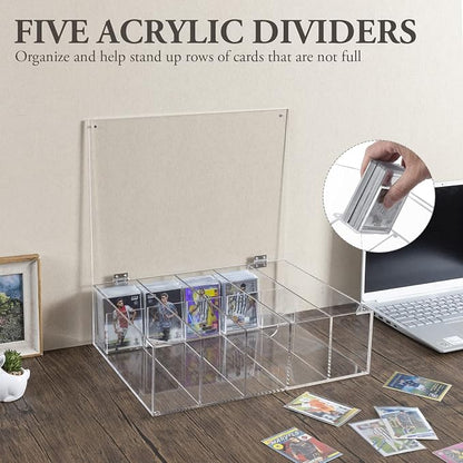MyGift 5 Compartment Trading Cards Storage Box - Premium Clear Acrylic Collectors Sports Card Protective Case with Hinged Lid, Magnetic Closure, and Removable Dividers