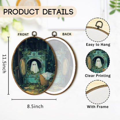 OINDADE Halloween Ghost Oval Wall Art Decor, Laundry Room Cute Ghost Wall Art Hanging Decor, Halloween Fall Season Funny Spooky Washing Machine Framed Canvas Artwork for Laundry Room Home, 8.8x11.5in