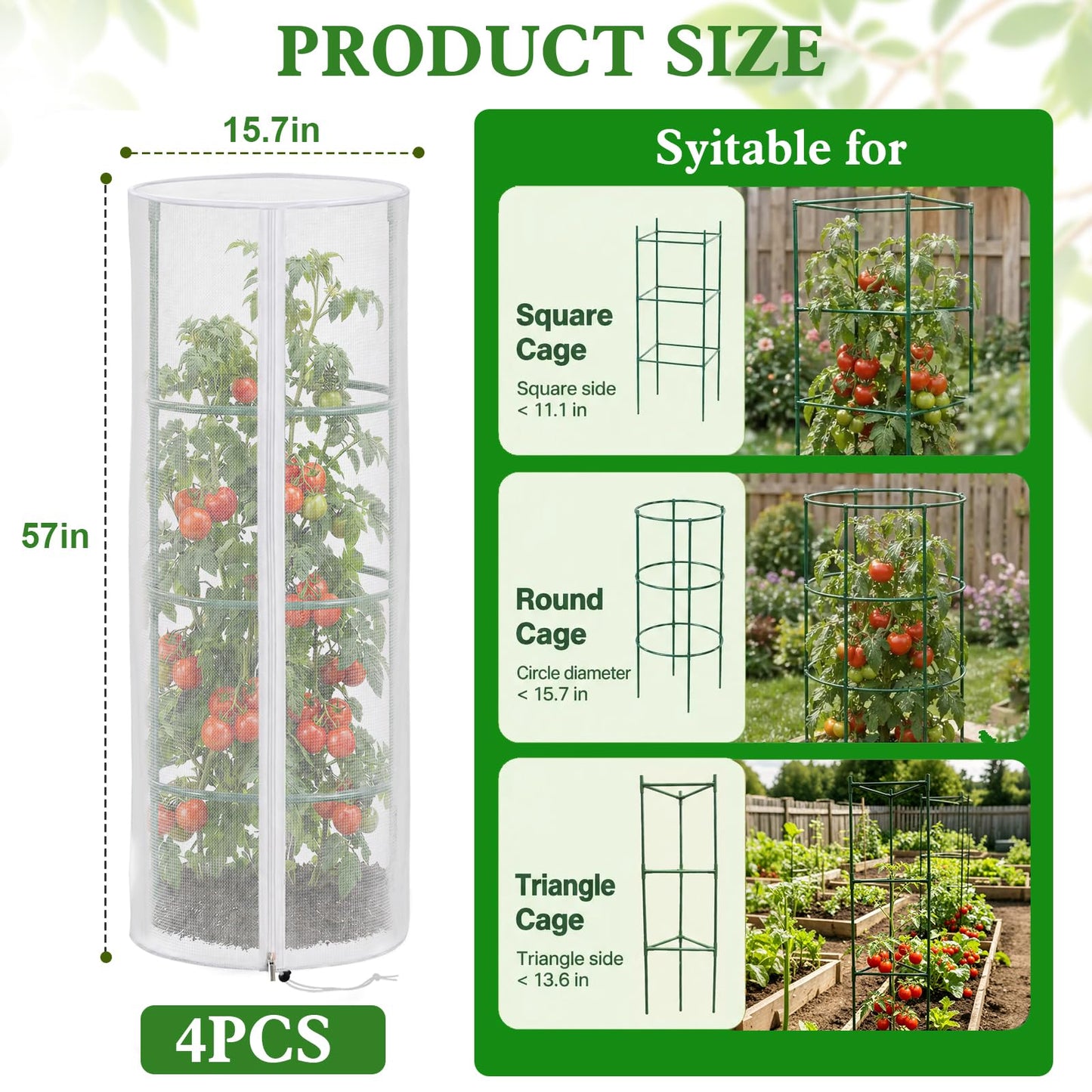 4 Pcs Garden Mesh Plant Cover for Round Tomato Cage, 57" x 15.7" Insect Bird Netting Protection Net Covers with Zipper & Drawstring, Garden Tomato Trellis Netting for Climbing Plants