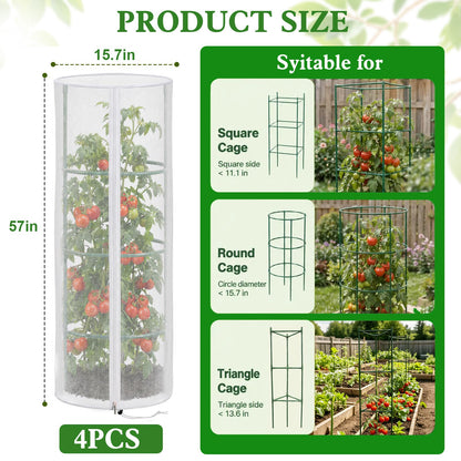 4 Pcs Garden Mesh Plant Cover for Round Tomato Cage, 57" x 15.7" Insect Bird Netting Protection Net Covers with Zipper & Drawstring, Garden Tomato Trellis Netting for Climbing Plants