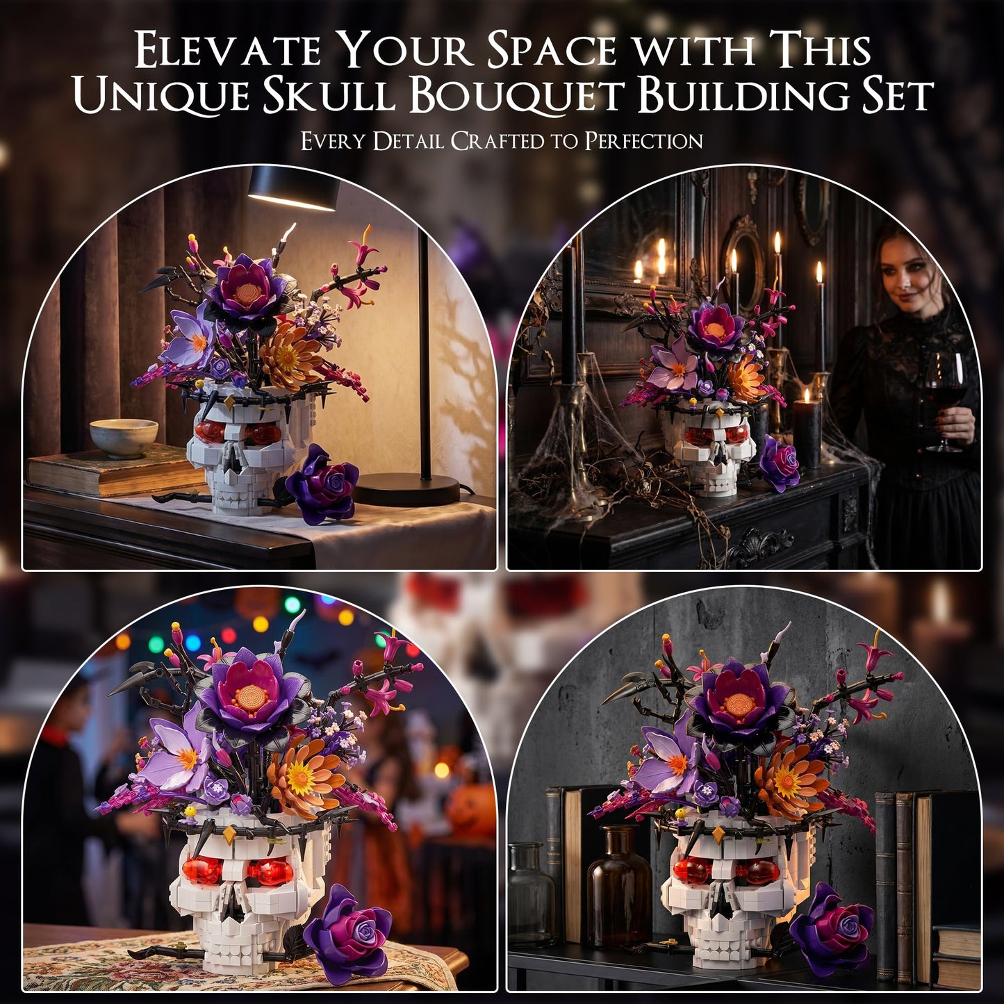 YP YuanPei Rose Skull Flower Bouquet Building Set, Wildflower Botanical Collection Kit for Adult Women, Horror Gothic Skeleton Decor for Goth Home Table Art Decor, Girlfriend/Mom/Wife/Couple