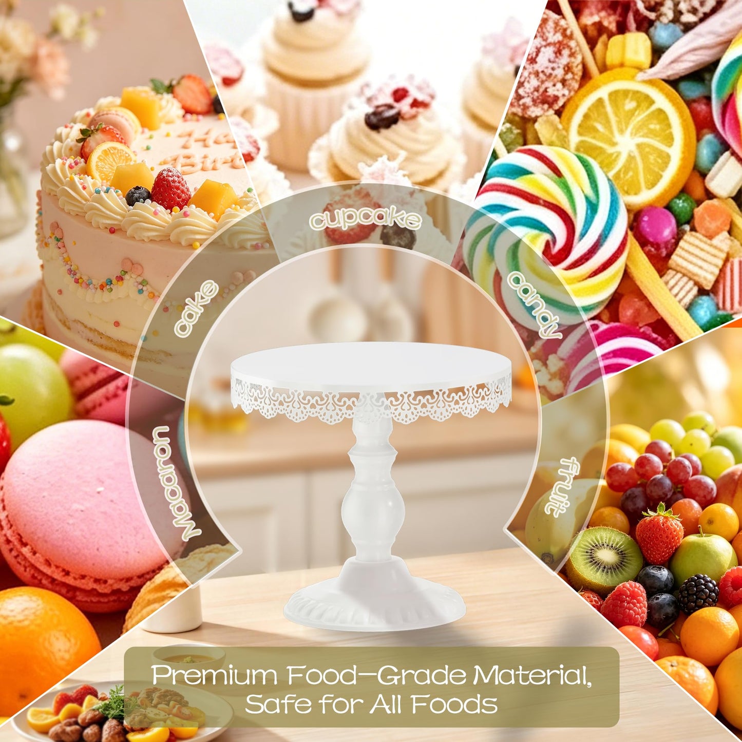 VMFKPNR 3 PCS White Cake Stands (8"&10"&12" Plate), Cupcake Stand with a lace Hollow Border Metal Cake Stand Set for Birthday Party, Wedding, Anniversary, Baby Shower