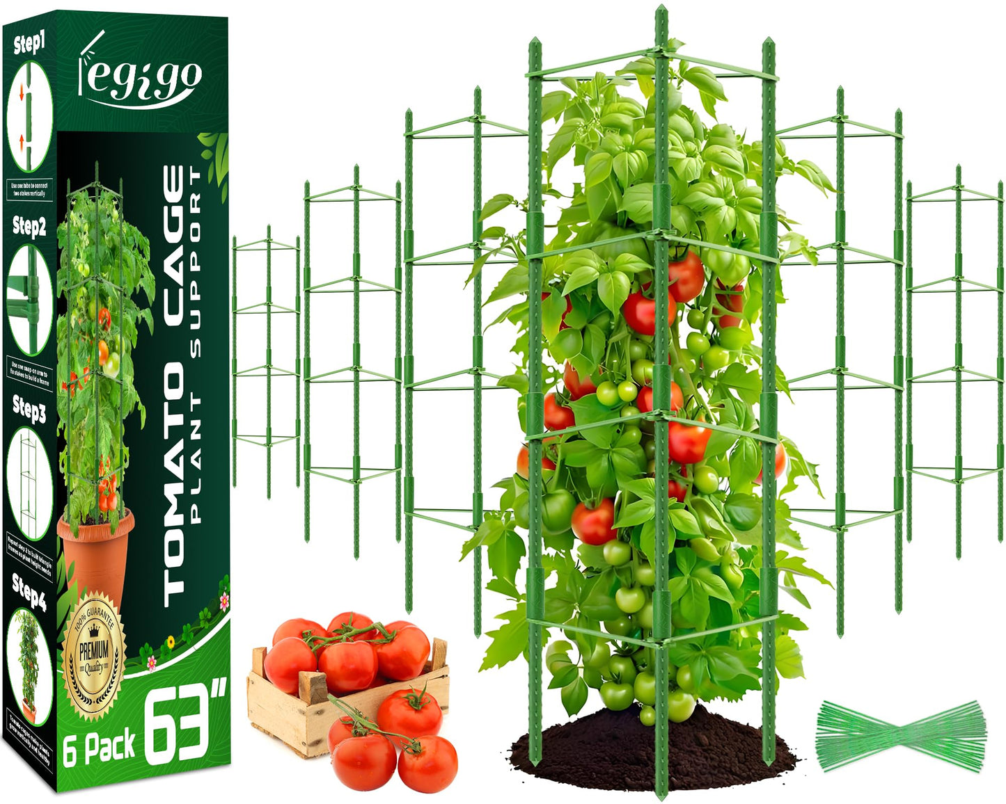 Legigo 6-Pack Tomato Cage for Garden Plant Support- Up to 63inch Garden Stakes Tomato Cage, Tomato Trellis for Potted Plants, Tomato Cages Plant Stakes for Climbing Vegetables Plants Flowers