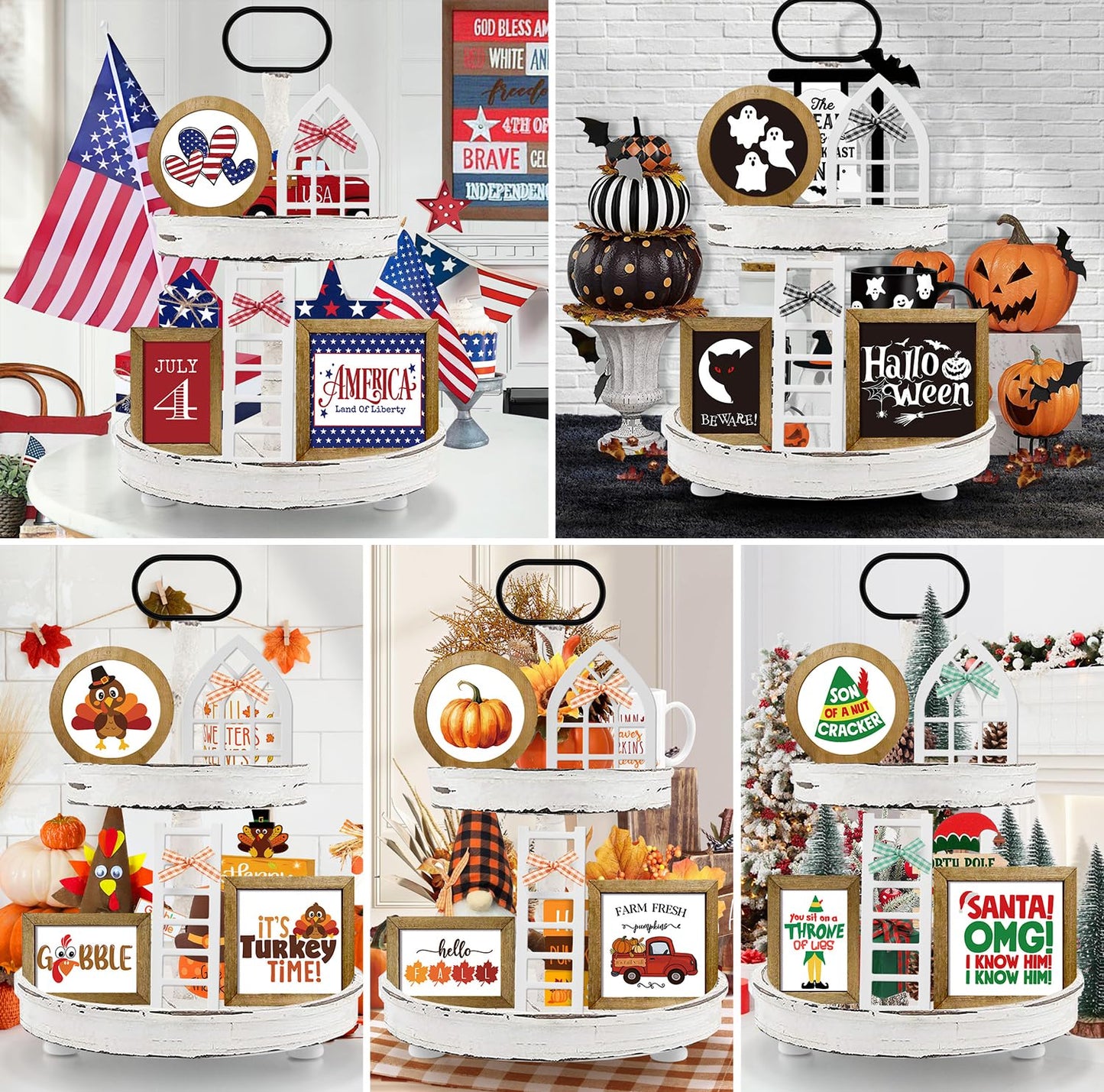 nuvagiki Interchangeable Seasonal Tiered Tray Decor Set, Farmhouse Holiday Wooden Sign Kit with Frames, Ladder & Arch, Year Round Home Decorations for Bee Spring Summer Patriotic (Tray Not Included)
