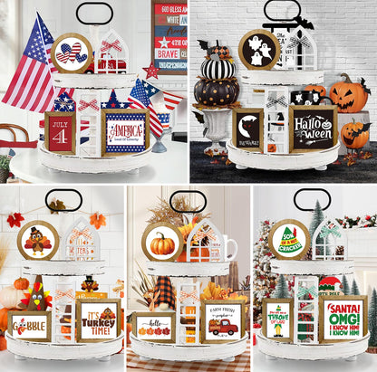 nuvagiki Interchangeable Seasonal Tiered Tray Decor Set, Farmhouse Holiday Wooden Sign Kit with Frames, Ladder & Arch, Year Round Home Decorations for Bee Spring Summer Patriotic (Tray Not Included)