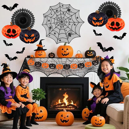 Halloween Party Decorations Indoor Kit with Paper Honeycomb Balls & fans, Fireplace Mantel Scarf, Spiderweb Table Runner, Banner, 48 Pcs Scary Bat Sticker for Halloween Spooky Home Decor