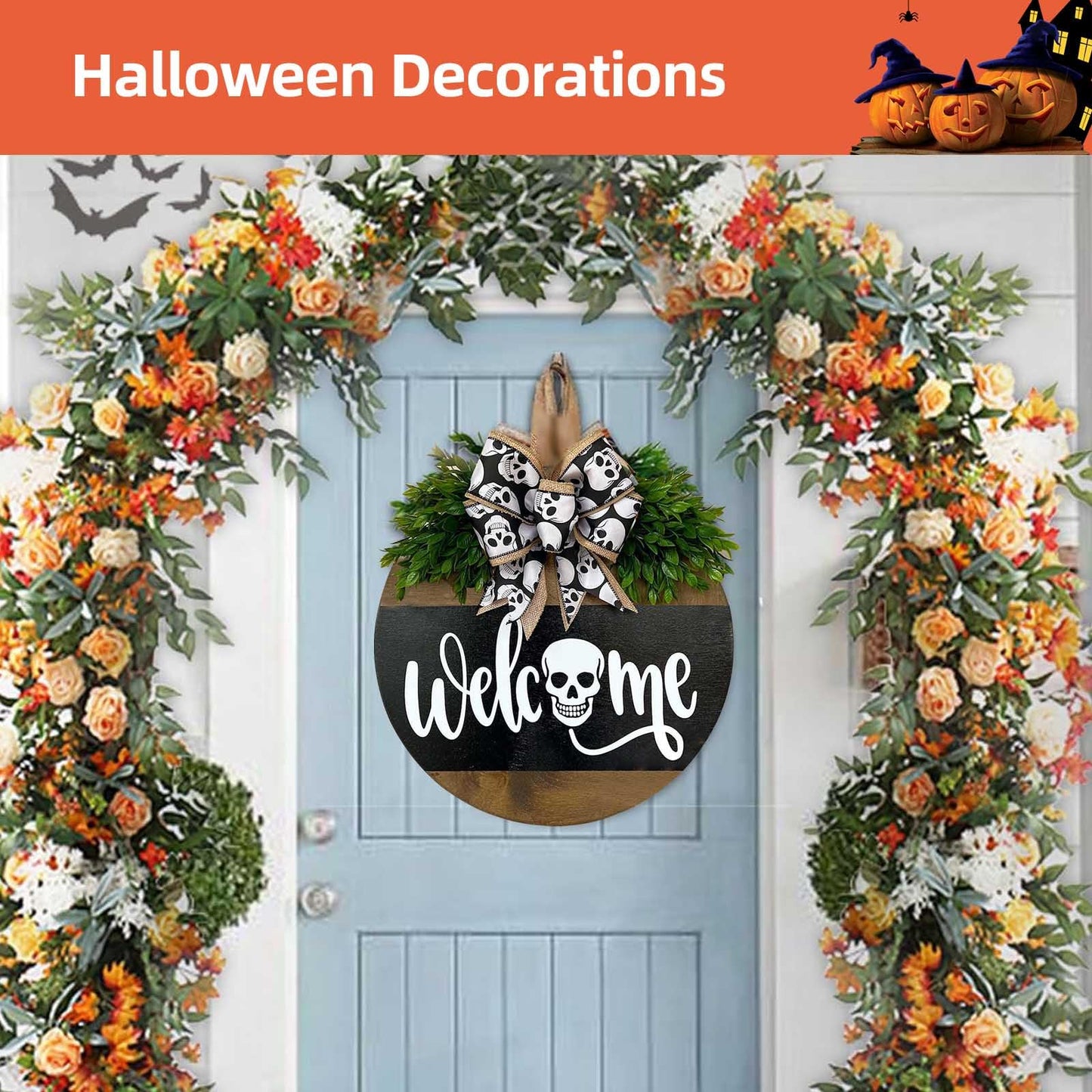 HONYUEYIM Halloween Wooden Hello Boo Ghost Bow Door Sign(Skull)