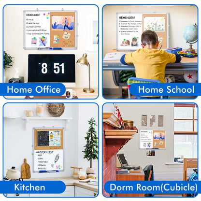 Magnetic White Board and Cork Board Combo, 24 X 18 inches Whiteboard Bulletin Combination Board, Wall Mounted Dry Erase Message Board for Home, School and Office