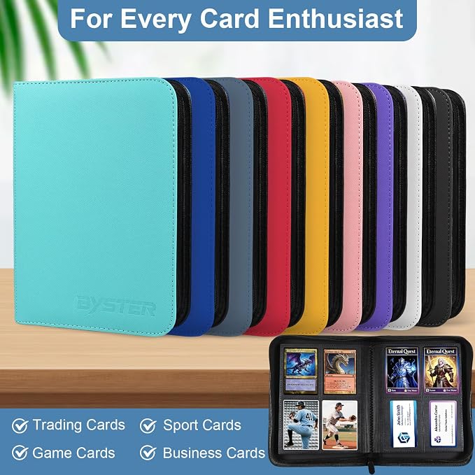 BYSTER 4 Pocket Card Binder, Premium PU Trading Card Binder with Zipper, 160 Capacity Side-Loading Binder for TCG, MTG, Sports Cards, Game Cards, Navy Blue