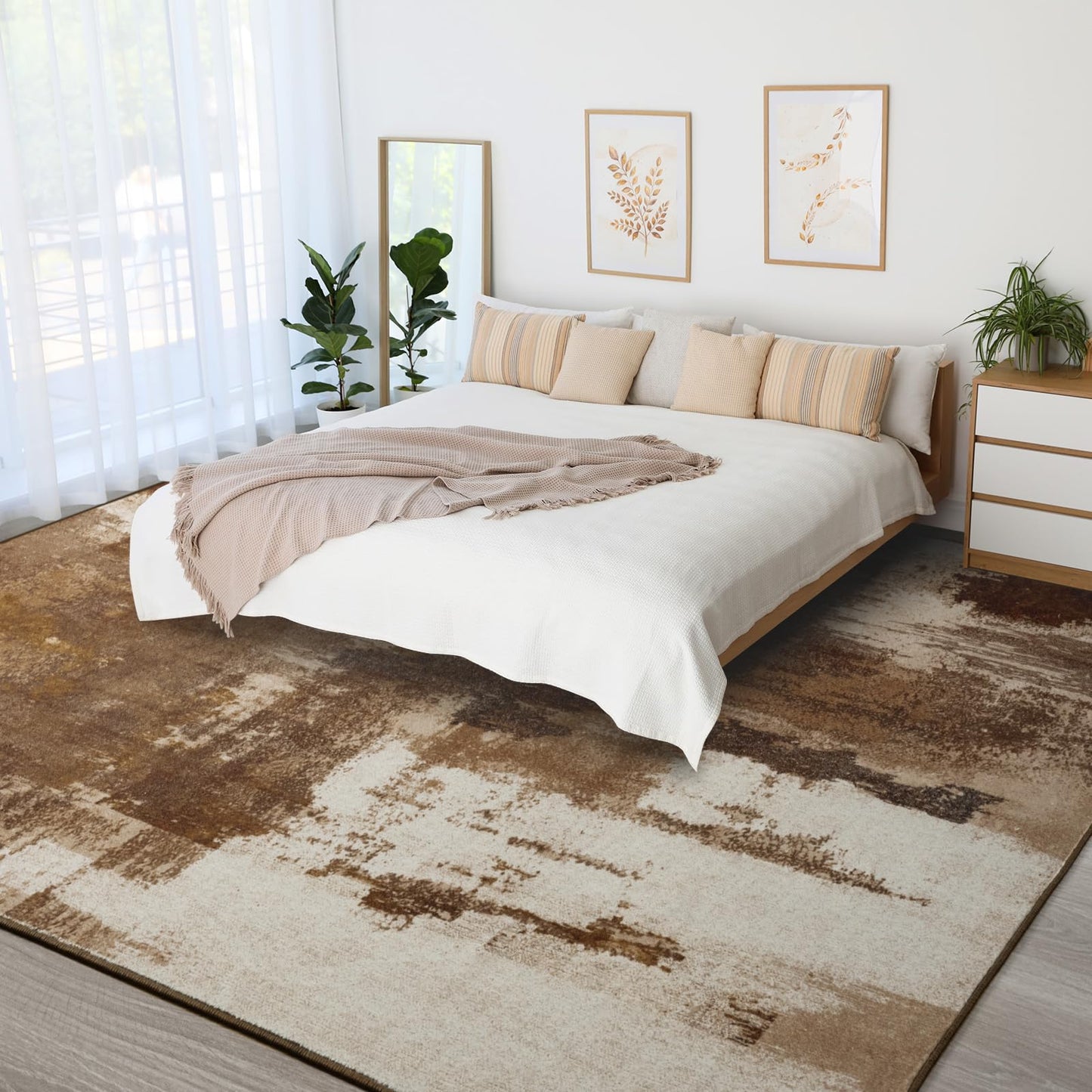 Kelarea Living Room Rug, 4x6 Rug Modern Abstract Washable Rugs Brown Foldable Faux Wool Vintage Carpets, Non Slip Rug for Bedroom, Dining Room, College Dorm, Kids Playroom, Home Office