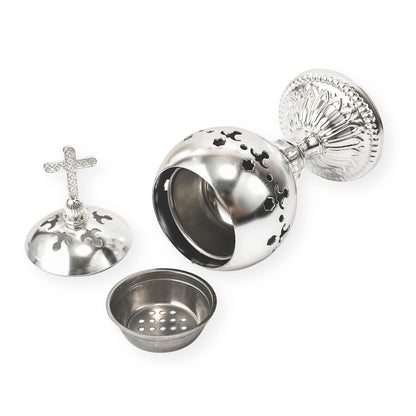 Nazareth Store Silver Charcoal Incense Burner Catholic Cross Censer Brass Plated Distiller for Church and Home