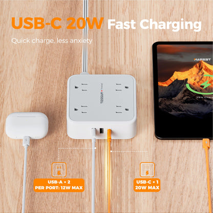 TESSAN Surge Protector Power Strip, 5 Ft Flat Plug Extension Cord with 3 USB (1 USB C) 8 Outlets, 900J Surge Protection, 3 Sided Outlet Extender with Power Switch for Office, Dorm Room Essentials