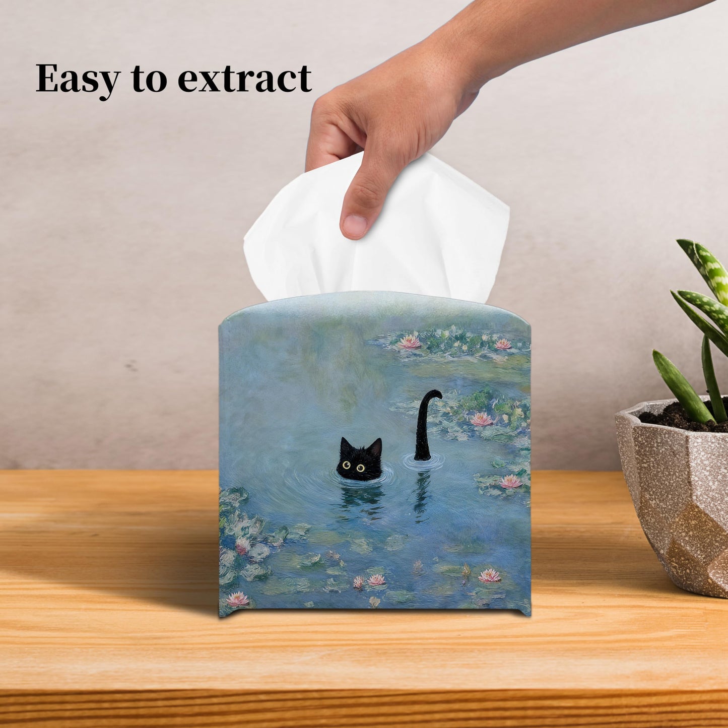 Grace Yonks Art Tissue Box Cover Square - Black Cat in Water Lilies Design 5.2" PU Leather Holder for Vanity, Desk, or Bathroom Counter - Cube Case for Facial Tissues. (123)