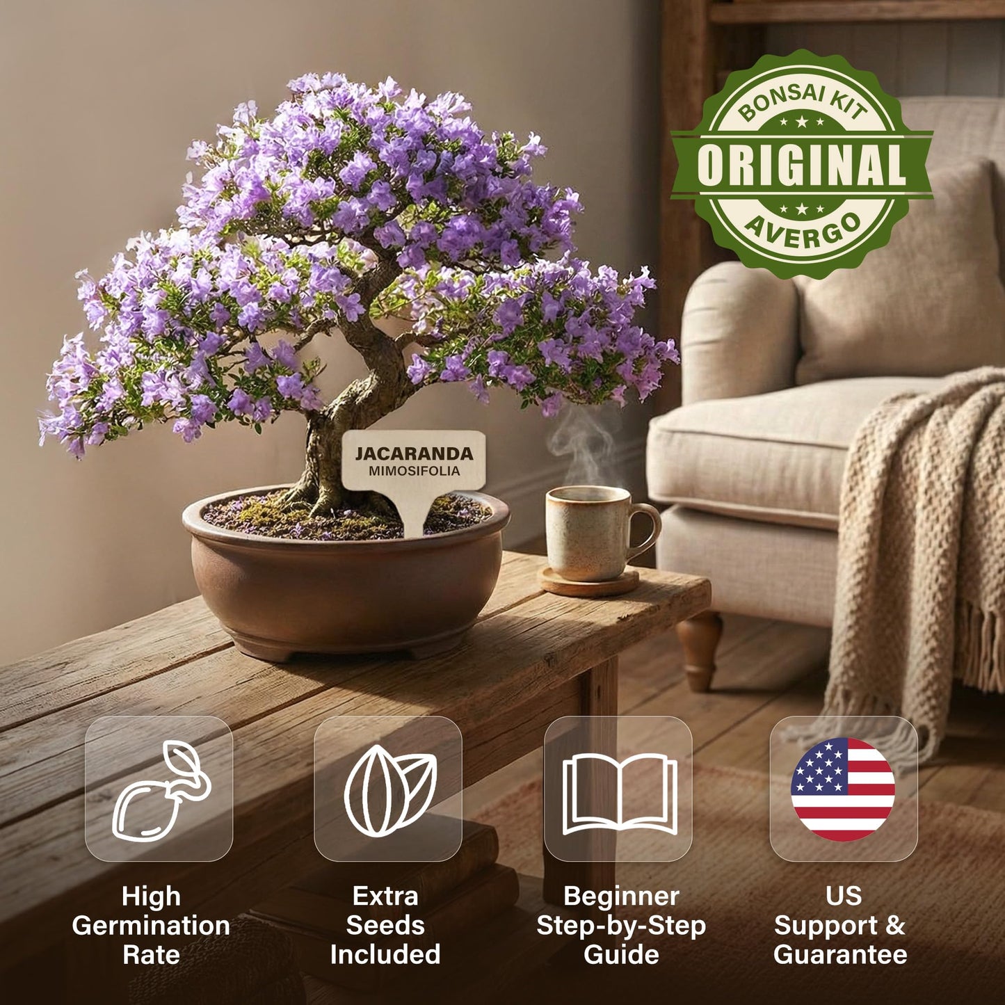 Avergo Bonsai Starter Kit – Growing Jacaranda Bonzai Tree | Complete Indoor Tree Kit for Growing Plants with Tools & Planter – Gardening Gifts for Mother, Women & Men