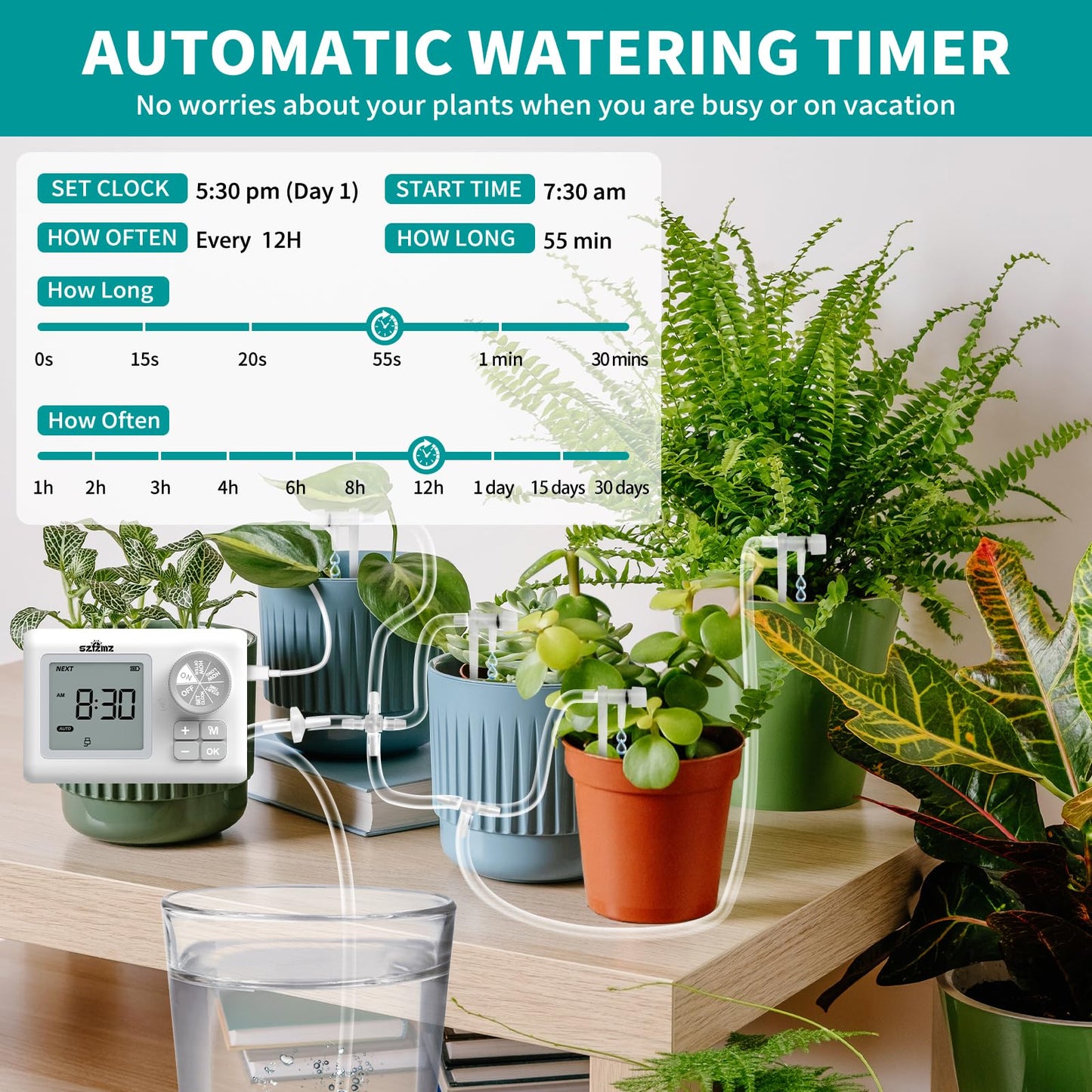 Automatic Watering System for 15 Potted Plants, Automatic DripIrrigation Kit with Adjustable Water Flow, Programmable Water Timer with Dual Power Supply, for Balcony/Garden/Greenhouse Plants