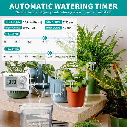 Automatic Watering System for 15 Potted Plants, Automatic DripIrrigation Kit with Adjustable Water Flow, Programmable Water Timer with Dual Power Supply, for Balcony/Garden/Greenhouse Plants