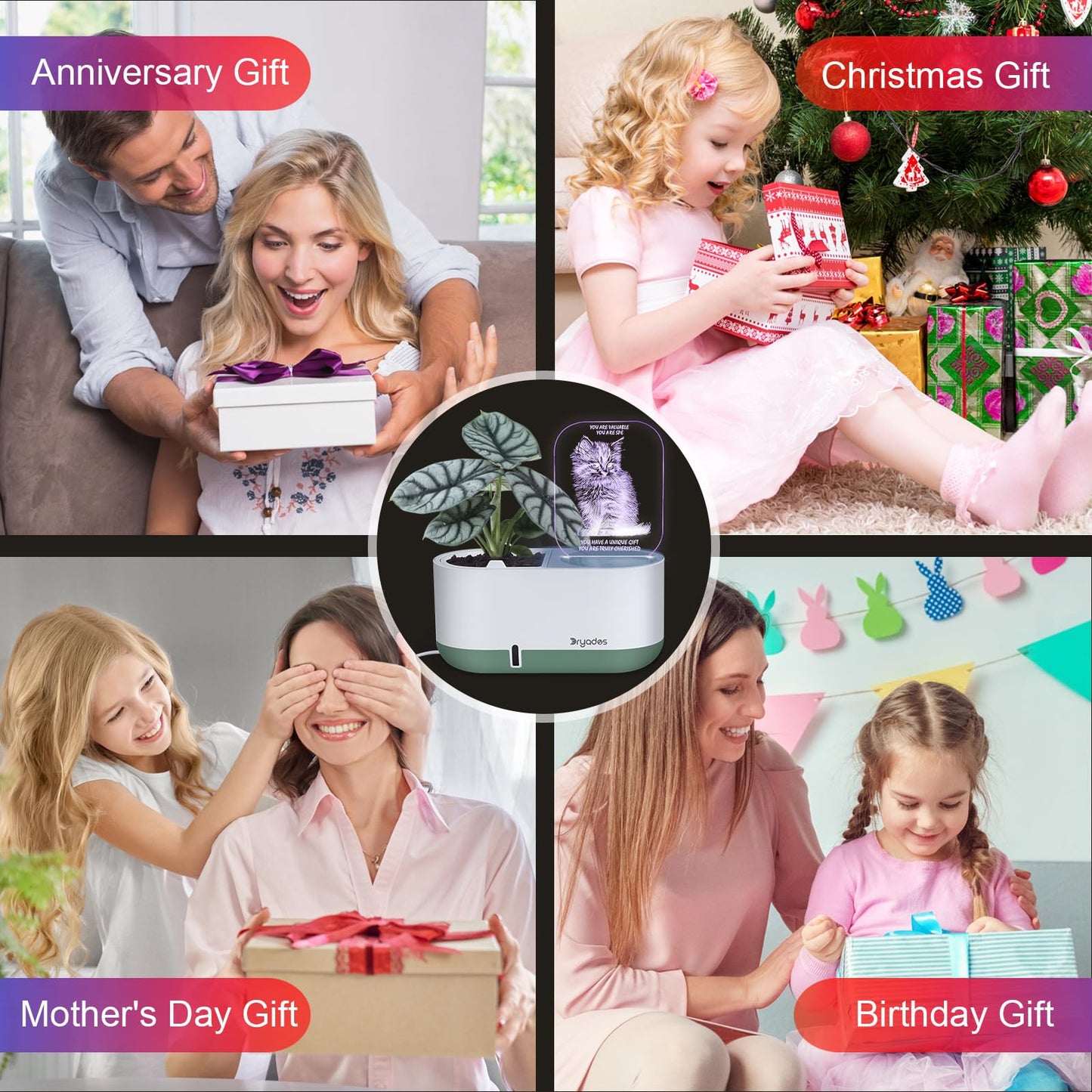 Self-Watering Planter with LED Note Board & 7 Colors Pen Acrylic Message Board with Light Acrylic Dry Erase Board, Led Cat Board Night Light with Planting Pot for Children's Day Gifts(No Plant&Seed)