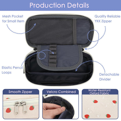 FlowFly Large Capacity Pencil Case for Kids, Boys & Girls – Zippered Multi-Functional Pen Pouch, Soft & Portable Pencil Bag for School, Teens, Students, Corduroy Strawberries Beige