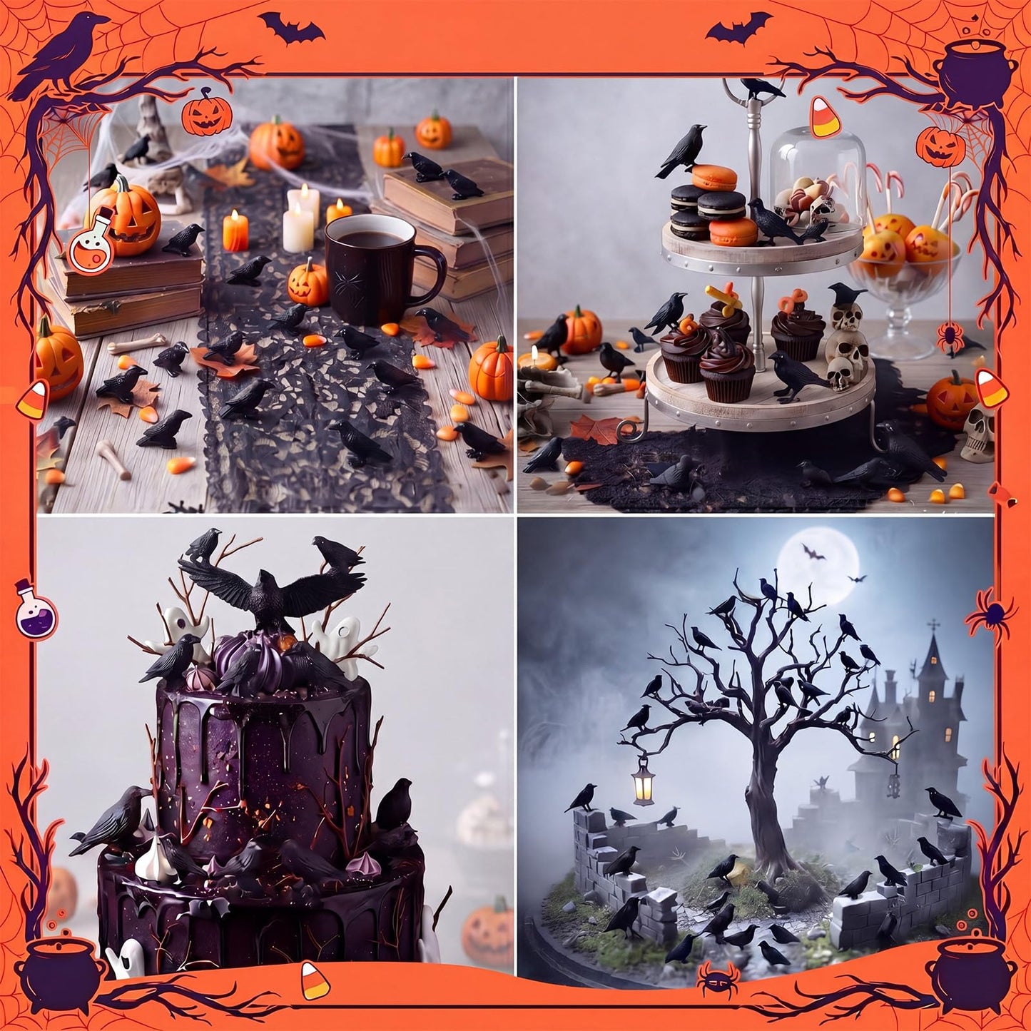 RoundFunny 50 Pcs Miniature Resin Crows Mini Halloween Figurines, Small Black Raven Halloween Bird Figures to Hide Tiny Raven Decor Black Crows Gothic Miniature for Micro Landscape Craft Party Favors