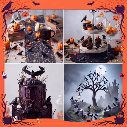 RoundFunny 50 Pcs Miniature Resin Crows Mini Halloween Figurines, Small Black Raven Halloween Bird Figures to Hide Tiny Raven Decor Black Crows Gothic Miniature for Micro Landscape Craft Party Favors