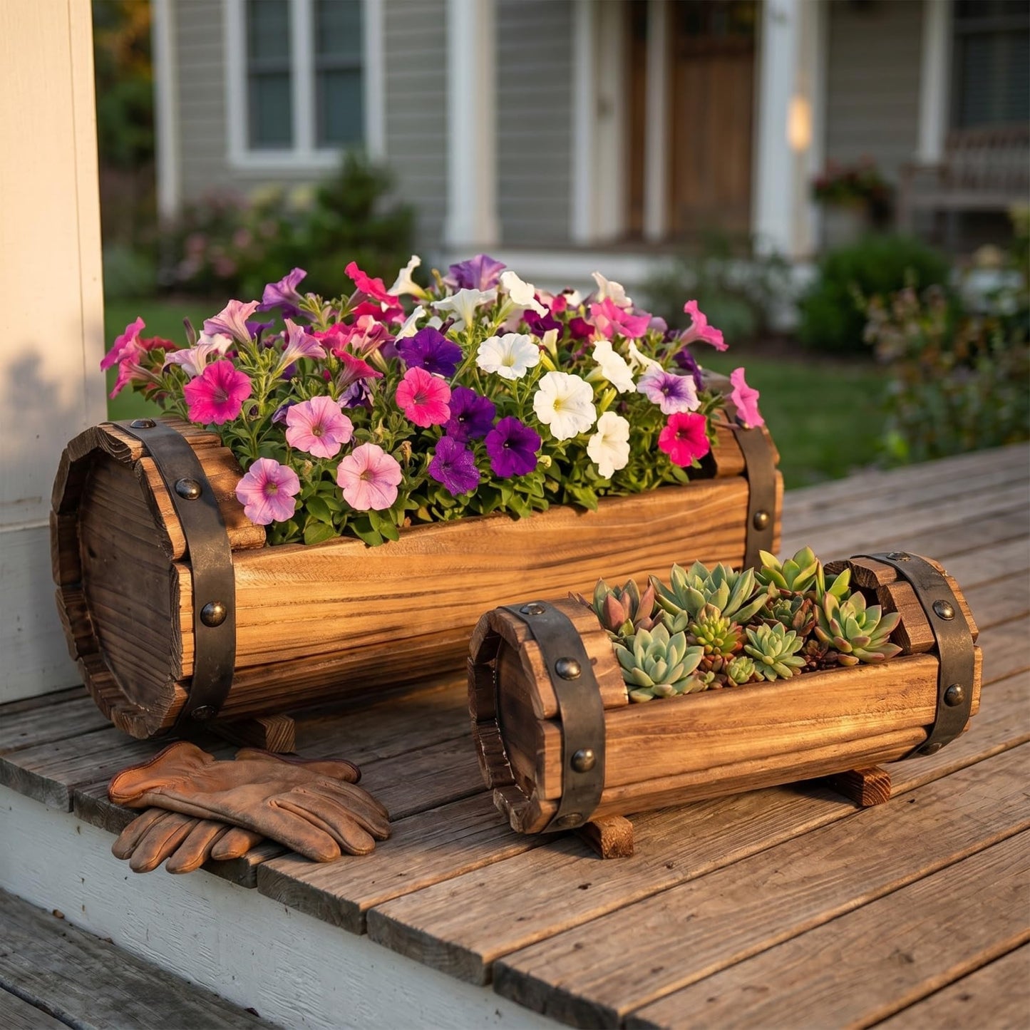 DOITOOL Half Barrel Planters Outdoor, 2 Pack Rustic Solid Wood Flower Pots for Plants, Carbonized Wooden Whiskey Wine Barrel Planter Set for Garden Patio Porch Windowsill Decoration (Brown)