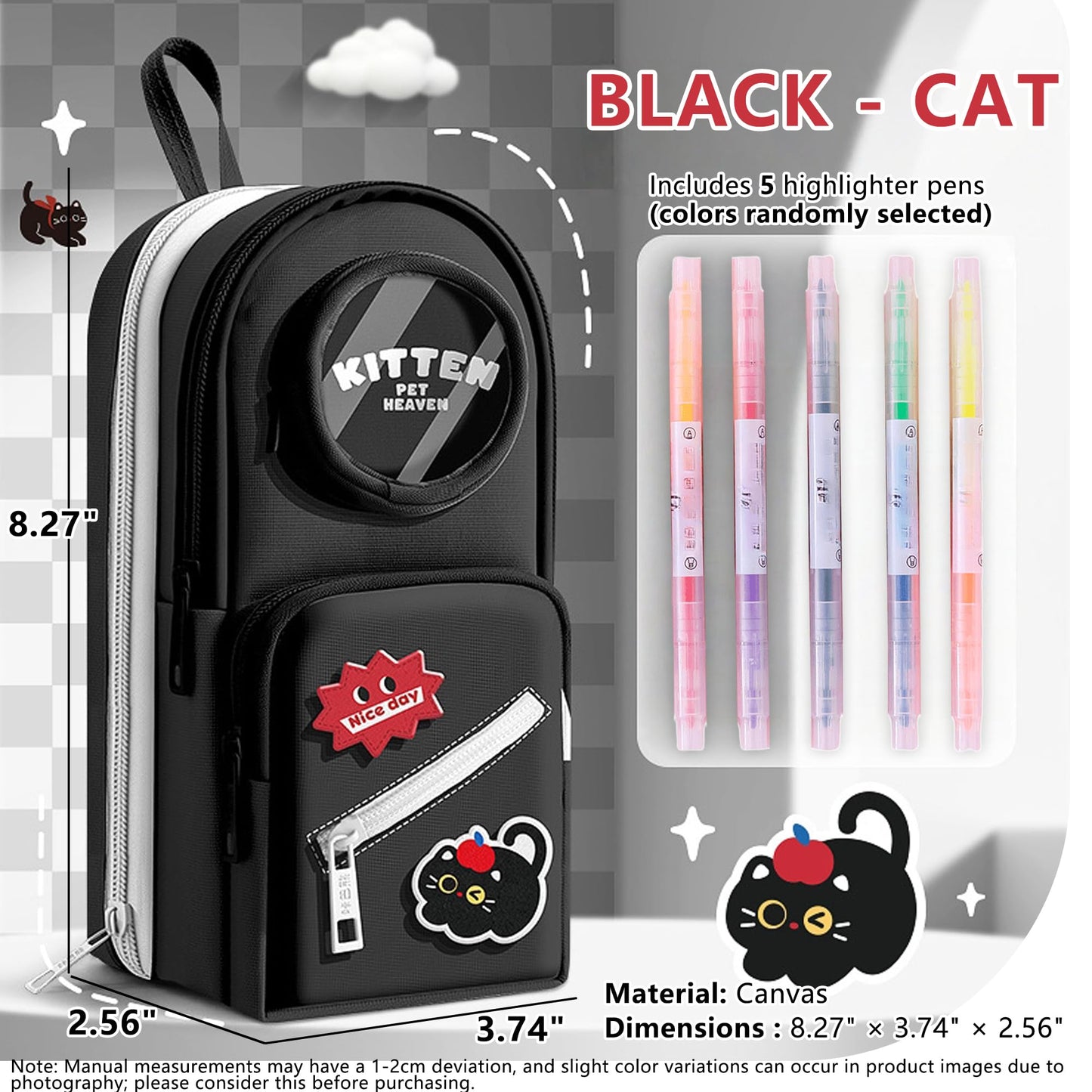 UINSUE Mini Backpack Pencil Case Art Marker Storage Canvas Makeup Pocket Small Gadget Bag Organizer Random Free of Highlighters (BLACK -CAT)