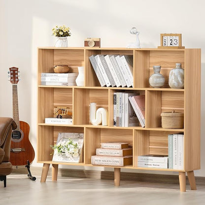 LEYAOYAO 10 Cube Bookshelf,3 Tier 55.12" Wide Boho Bookcase with Legs,Mid-Century Wood Bookshelves Storage,Natural Large Book Case,Freestanding Organizer Display Shelf for Bedroom,Living Room,Office