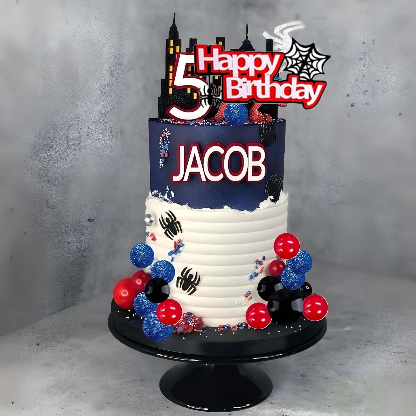Spider Cake Topper, Spider Web Cake Decorations Spiders Theme Cake Decor Glitter Happy Birthday Toppers Red Black Blue Balls Cupcake Topper for Boys Men Baby Shower Party Supplies