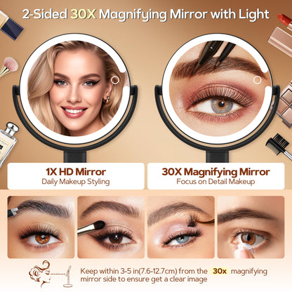B Beauty Planet Makeup Mirror with Lights, Lighted Magnifying Mirror 30X with 3 Lighting and Adjustable Brightness, 2-Sided Height Adjustable Vanity Mirror for Bathroom, Gifts for Women White