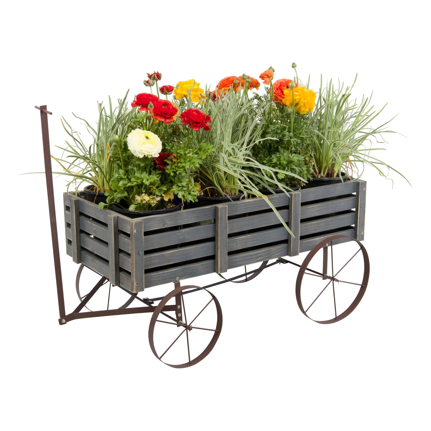 Shine Company Decorative Buckboard Wagon Garden Planter, Wooden Wagon Yard Décor for Outdoor Plants, Gray