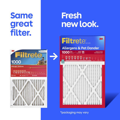 Filtrete 14x30x1 Air Filter, MERV 11, MPR 1000, Allergens & Pet Dander, 3-Month AC and Furnace Filters, Cleaner Air, Reliable Airflow, 2 HVAC Filters (Actual Size 13.68 x 29.68 x 0.81 in)