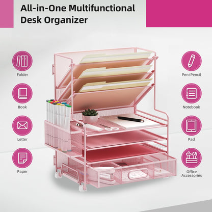 MINDEPOT 4-Tier Paper Organizer + 3-Pocket File Holder + Drawer + Pen Holders, Desktop File Organizers Paper Tray for Office Supplies School Classroom Organization (Pink, with Drawer & Pen Holder)