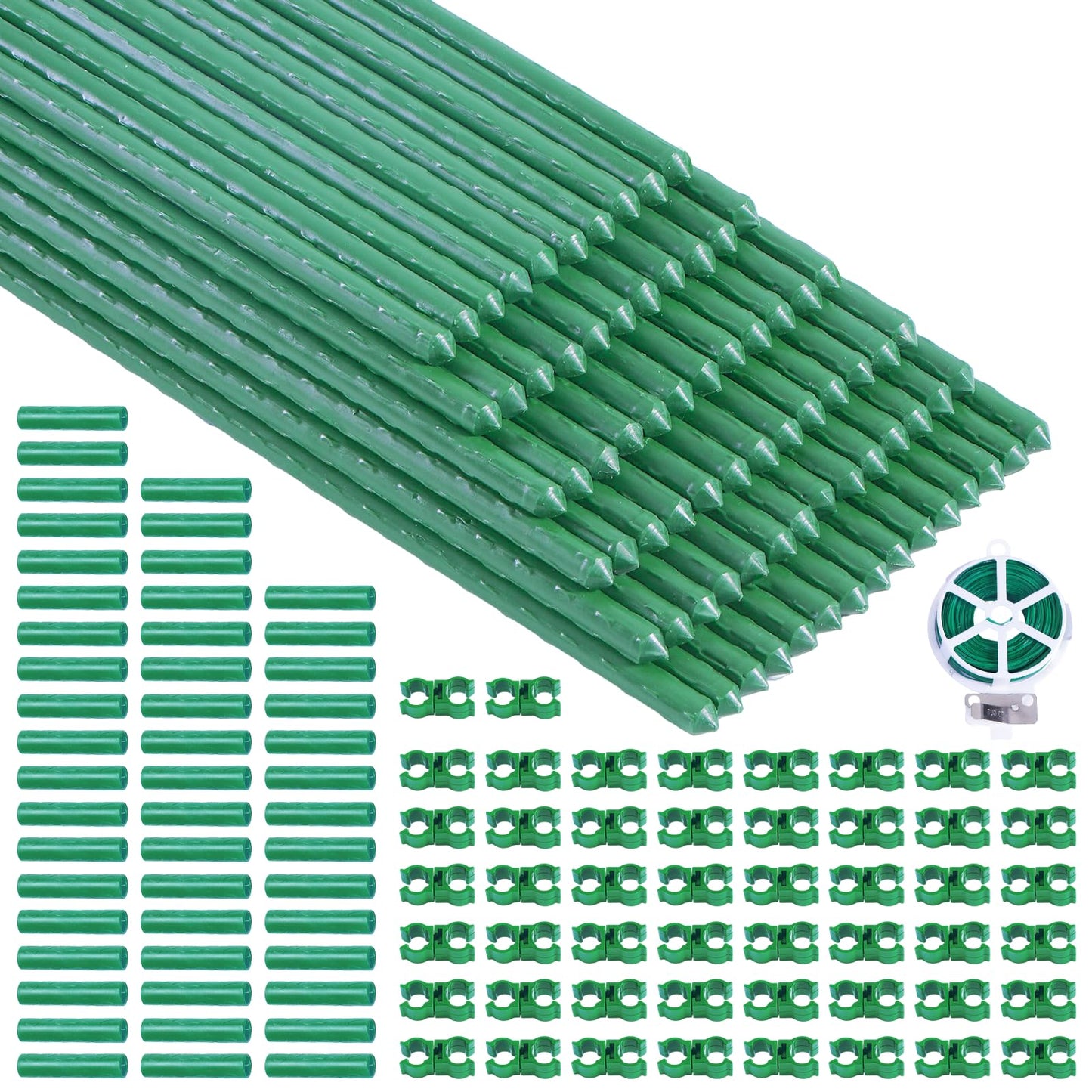 100 Pcs Tomato Stakes 16 Inch Garden Stakes for Outdoor Plants Support Plastic Coated Metal Plant Stakes Supports for Climbing Potted Plants with 50 Connectors 50 Rotatable Clips 165 Ft Twist Tie