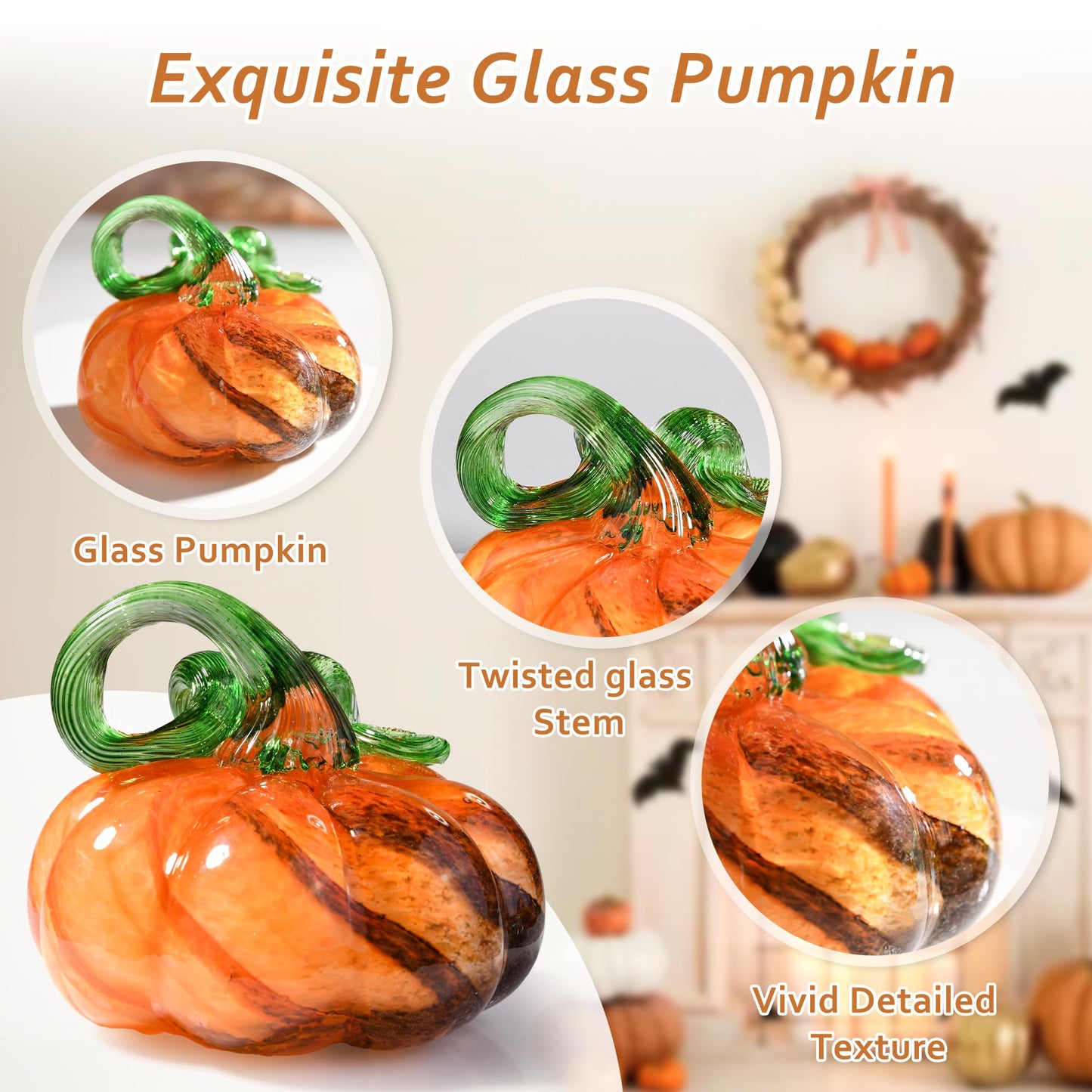 AOFEGRLT 3" Large Blown Glass Pumpkin Figurine Collectible Halloween Thanksgiving Glass Pumpkin Paperweight Fall Harvest Crystal Decorations for Home(Brown)