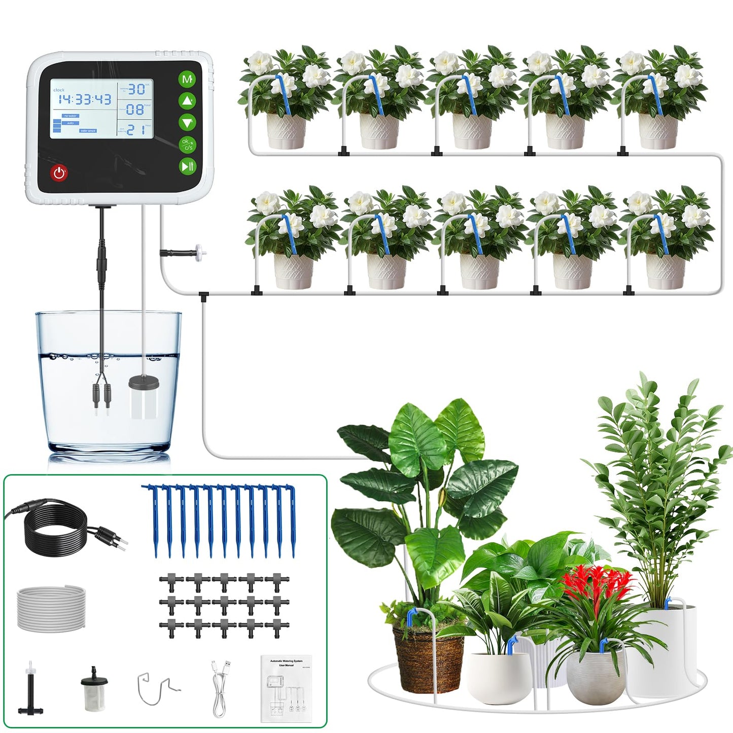 SoulBay Automatic Plant Waterer Indoor, USB Rechargeable Drip Irrigation Kit for up to 15 Potted Plants, Programmable Self Watering System with Digital Timer for Vacation & Houseplant Care