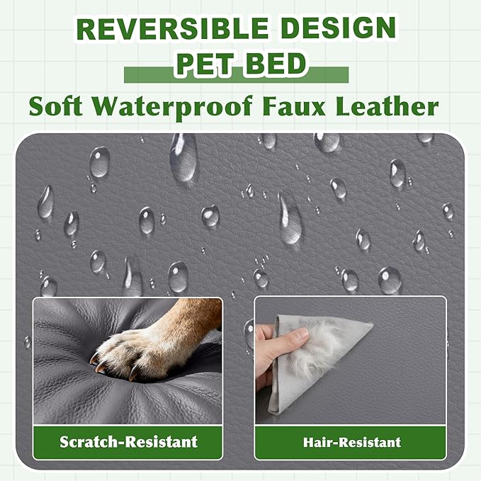 Vonabem Outdoor Waterproof Dog Bed Washable, Large Crate Pad 35 inch, Cooling Wipeable Leather Pet Beds with Removable Cover Reversible, Orthopedic Foam Anti-Slip Kennel Pads 35"x22" Grey
