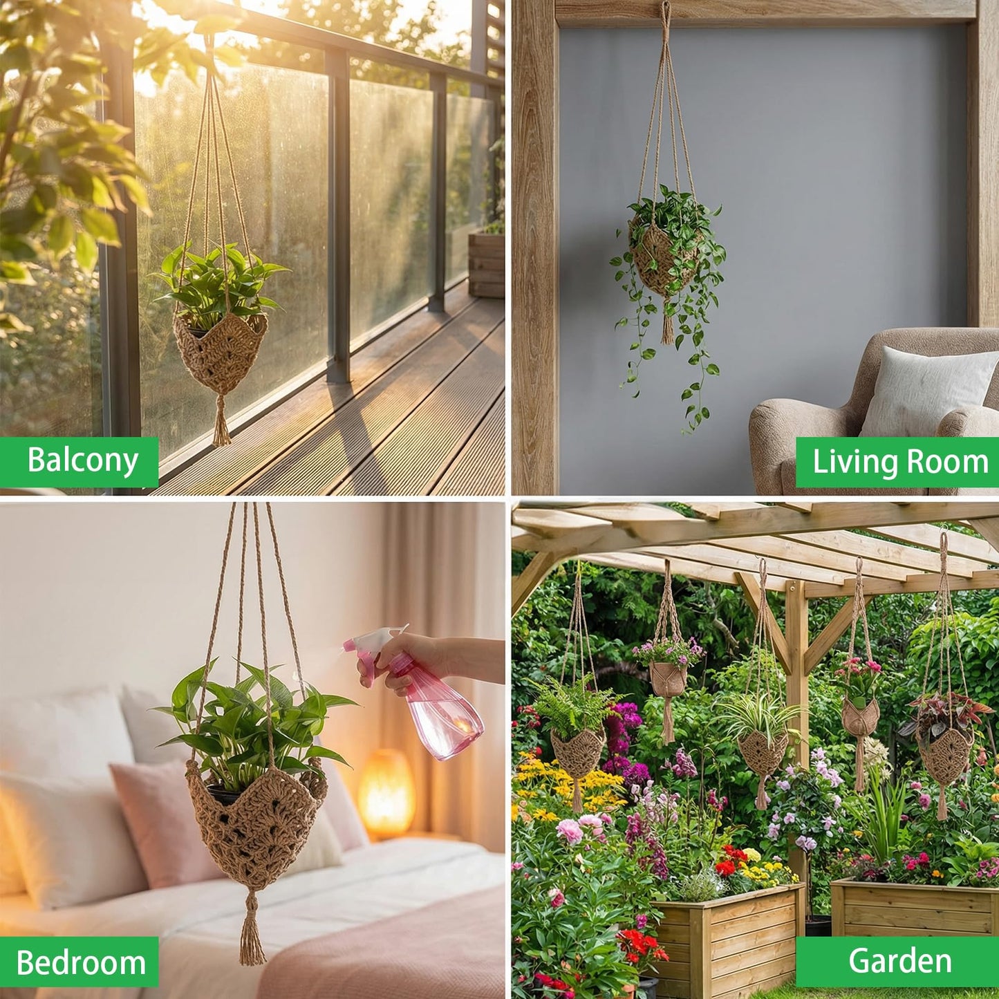 AOZUO 4 Pack Jute Crochet Long Plant Hanger for 3 Inch to 12 Inch Pots, Macrame Plant Hanger Macrame Plant Holder Rope with S Shaped Hooks for Indoor Outdoor Home Decor (Brown)