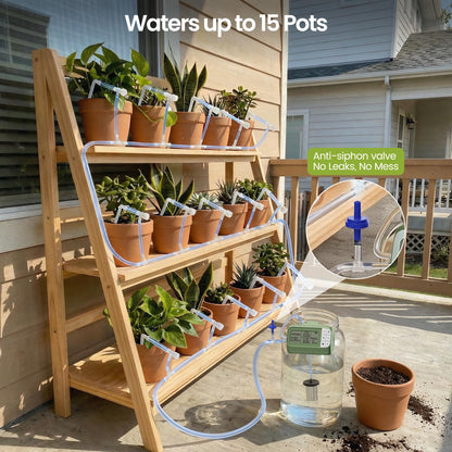 Garden Drip Irrigation System Timed Watering, Programmable Solar Water Drip for 15 Plants, Drip Irrigation Kit with 33FT 1/4'' Tube, 15x Tee Fitting, 15x Flow Valve, 15x Drip Stake(Battery Powered)